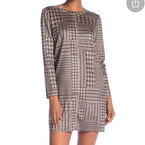 Joh Houndstooth Long Sleeve Mini Dress Faux Suede Tan Gray Size L